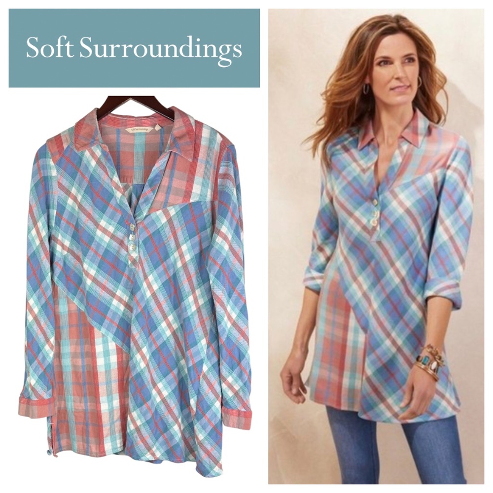 Soft Surroundings La Pass Plaid Shirt Top Tunic Blouse Sz XL 14 16 Blue Coral